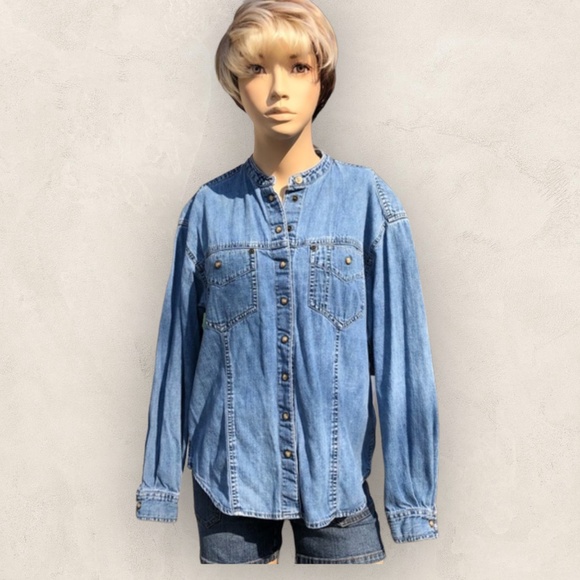 Liz Claiborne Jeans Vintage 90s Cotton Chambray Long Sleeve Snap Front Shirt - Picture 2 of 12